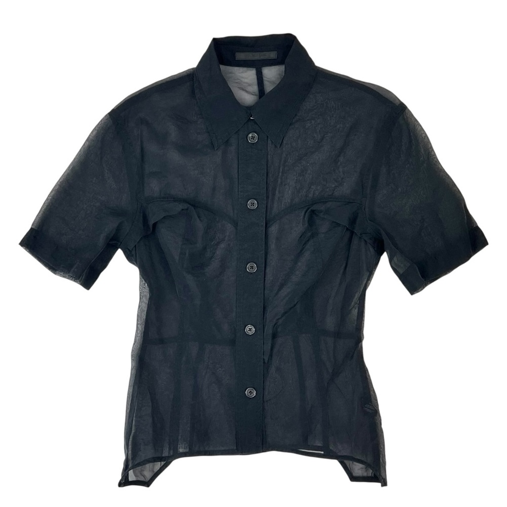 Helmut Lang Black Sheer Shirt - Black Button Up Organza Short Sleeve Shirt Top - Picture 4 of 13